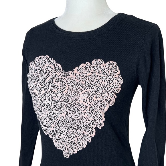 ELLE Sweater Fitted Flocked Lace Heart Black Pink Valentines Pullover Small S - Picture 3 of 11